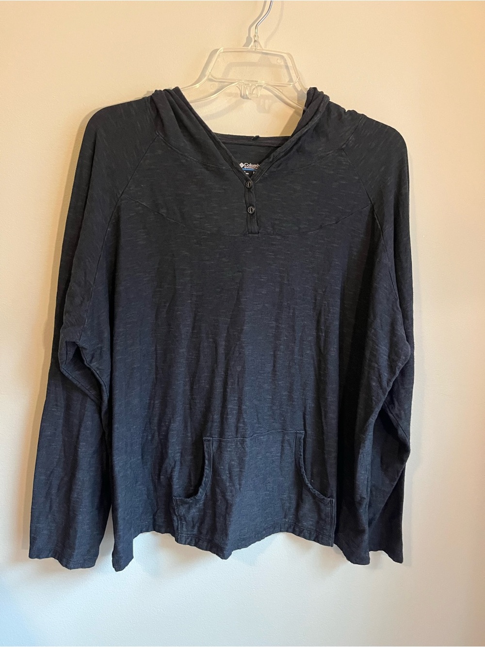COLUMBIA Charcoal Gray Henley Hoodie with a 3 Button Placket